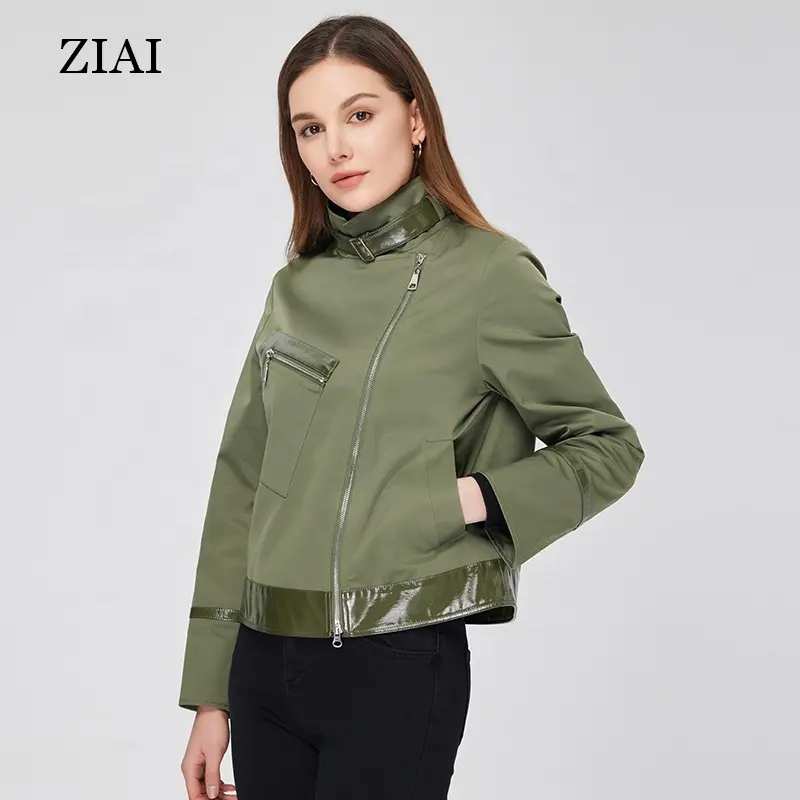 Wholesale New Fashion Spring Short Windbreaker Stitching Leather Big Pocket Zipper Warm Ladies Trench Coat