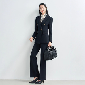 Women's Suit Set Beige Double Breasted Blazer Flared Pants Full Sleeve Notched Collar Casual Winter 2025 - Product Image 2