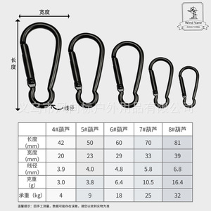 Mousqueton en aluminium noir électrophorétique, forme D, crochet plat en forme de gourde, tailles 4, 5, 6, 7, 8, usage universel en extérieur - Product Image 3