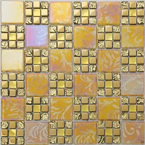 Bentuk Persegi Campuran Pola Bunga Emas Mosaik Marmer untuk Dekorasi Rumah