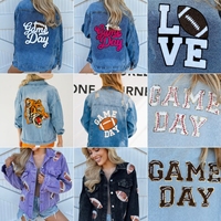 Veste en jean brodée pour femmes, jour de match, football, tigre, patchs en chenille à paillettes