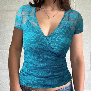 เสื้อยืดสายเดี่ยวสไตล์เรโทรลายกุหลาบผ้าลูกไม้ซีทรูคอวีแขนสั้นสำหรับฤดูร้อนสไตล์ฝรั่งเศสโรแมนติก - Product Image 5