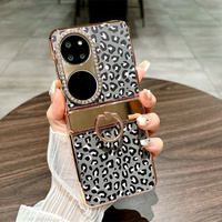 Funda de Lujo para P50 Pocket con Anillo y Soporte, Diseño de Leopardo con Diamantes, Electrochapada, Plegable, Protección Total a Prueba de Golpes