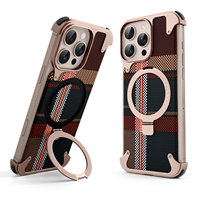 Étui de téléphone à chargement sans fil en métal assemblé motif à carreaux classique cadre en métal support d'anneau rotatif à 360 degrés support de téléphone