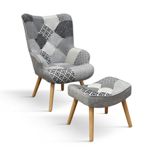 Fauteuil Ludovica avec repose-pieds, tissu gris, noir et blanc, pieds en bois, ensemble de chaises pour salon intérieur - Product Image 1
