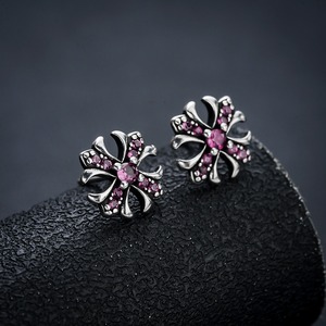 Silver Plated Punk Rock Gothic Luxury <strong>Mens</strong> Jewelry Iced Out Hip Hop Floral <strong>Cross</strong> Micro Pave CZ Copper Stud <strong>Earrings</strong> - Product Image 2