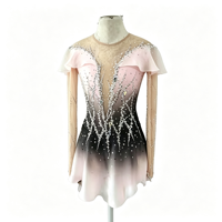 Costume de patinage artistique noir et rose ombré avec manches à volants, dos en V profond en maille et jupe ornée de strass pour enfants et filles, idéal pour les spectacles