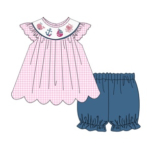 Puresun – vêtements boutique pour filles, ensemble de vêtements en coton tissé avec broderie baleine, smockés personnalisés pour bébés, vente en gros - Product Image 2