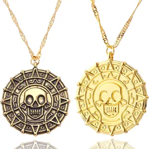 Collier en forme de pirate des caraïbes, médaillon de pièces de monnaie, Jack Sparrow Aztec Johnny Depp, pendentif en Bronze doré Vintage, bijoux en gros