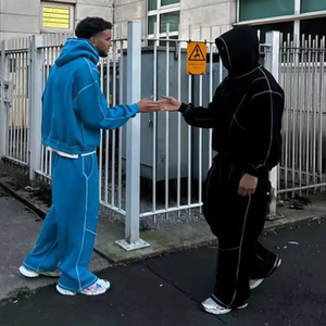Streetwear de survêtement de sport pour hommes, en coton uni, à points contrastés lourds personnalisés - Product Image 6