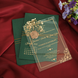 Invitaciones de acrílico transparente para guardar la fecha frustradas con chaqueta plegable verde personalizada con caja - Product Image 4