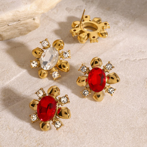 Pendientes de flor con circonitas rojas y blancas de oro de 18K, joyería de fiesta con engaste de garra, pendientes colgantes finos - Product Image 4
