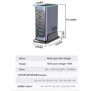 Universal LED 660W GaN Cargador USB QC3.0 Pared de viaje PD Tipo C <span class=keywords><strong>8</strong></span> puertos Cargador súper rápido con <span class=keywords><strong>base</strong></span> para <span class=keywords><strong>iPhone</strong></span> iPad - Product Image 2