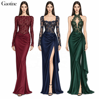 Maßgeschneiderte OEM ODM Damen Partykleidung Weinrot Marineblau Smaragd Grün Besticktes Langarm-Oberteil Drapiertes Satin-Abendkleid Großhandel