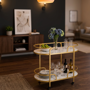 Minimalist Gold <b>Bar</b> <b>Cart</b> With Marble Top Double Tier Rolling Storage Rack For Kitchen Tableware - Product Image 5