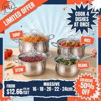 Ensemble de 5 casseroles 16 18 20 22 24 cm, entièrement en acier, poignées soudées, sans plastique, couvercle en verre anti-craquellement, avec trou de vapeur, pour cuisinière à gaz, cuisine domestique