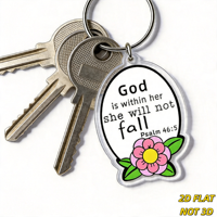 Porte-clés « Dieu est en elle, elle ne tombera pas » - Verset biblique Psaume 46:5 avec fleur rose, breloque ovale en acrylique pour clés ou sac