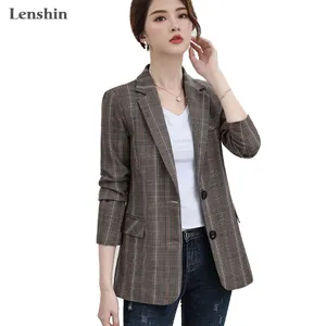 Pabrik Cina Penjualan Langsung Dropship Blazer Kotak-kotak Wanita Elegan Jaket Kasual Mode Tetap Ramping Pakaian Luar Wanita Kantor Mantel Atas