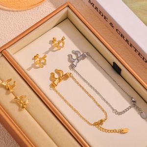Waterproof 18K Gold Plated Stainless Steel Bowknot Heart Jewelry <b>Set</b> Women Tarnish-Free Earring <b>Bracelet</b> Party Trendy Wedding - Product Image 3