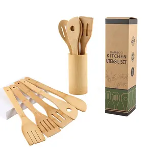 Grands cadeaux de cuisine ustensiles de cuisine spatules ensemble bambou biologique 6 pièces outils de cuisine ustensiles en bois porte-ustensiles