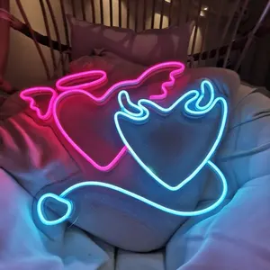 Sinal de néon personalizado do anjo & devil, duplo coração neon sinal luz led neon para acessórios de decoração de festa