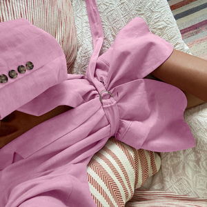 Schulter gepolsterter geknöpfter Langarm-Schlitz mit Gürtel rücken 2025 Sommer Herbst Ramie Cotton Ladies <span class=keywords><strong>Pink</strong></span> <span class=keywords><strong>Blazer</strong></span> Damen <span class=keywords><strong>Blazer</strong></span> Kleid - Product Image 2