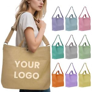 Sac fourre-tout en toile beige avec bouton-pression et sangle amovible pour courses réutilisables d'aliments et de légumes - Product Image 4
