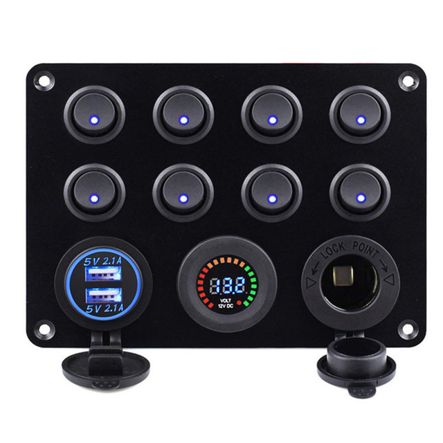 Boman BM1413L LED Smart 20A ABS Aluminum Alloy Switch Panel 8 Gang On/Off Pre-Wired Rocker Button DC12V/24V