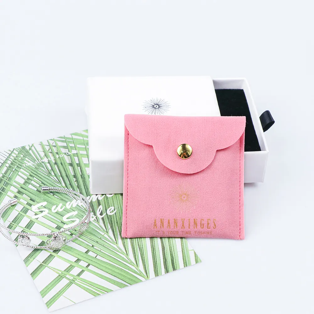 Design de luxo pochette pochette pour bijoux Logotipo personalizado impresso presente de casamento bonito saco envelope flap rosa camurça jóias bolsa