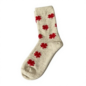 Wholesale White Red Clover Crew <b>Socks</b> 100% Mongolian Sheep Wool Knitted <b>Winter</b> Warm Thick Floral <b>Socks</b> for Women - Product Image 2