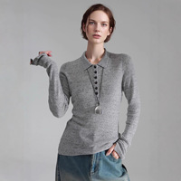 Sweater Rajut Kerah Polo Hitam Minimalis Khusus Wanita Lengan Panjang Kancing Depan Slim Fit Pullover Atasan Polo