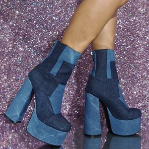 Bottines à plateforme pour femmes en denim patchwork, bout rond, fermeture éclair arrière, grande taille 47, talons hauts et épais - Product Image 6