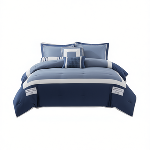Ensemble de couette 7 pièces en coton tissé bleu uni pour lit Queen ou King, usage domestique - Product Image 1