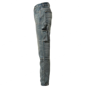 Custom Manufacturer Streetwear Ripped Distressed Baggy Double Knee Straight Blue Denim <b>Carpenter</b> Cargo Jeans <b>Pants</b> <b>Men</b> - Product Image 2