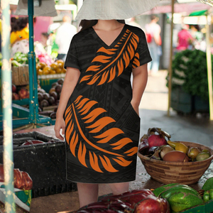 Hawaii Polynesian Monstera Lá In Váy Cộng Với Kích Thước Giản Dị Dài Đến Đầu Gối Mùa Hè Của Phụ Nữ Samoan Puletasi Dresses Tự Nhiên - Product Image 3