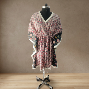 Caftán Floral Estampado a Mano de Alta Calidad, Vestido de Playa de Verano, Vestido de Baño, Caftán de Algodón Suave para Mujer, Caftán hasta la Rodilla - Product Image 1