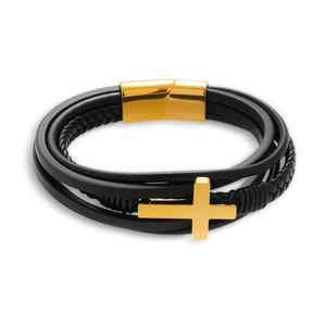 Cross Stainless Bracelet with Clasp Leather <b>Men</b> Bracelet - Product Image 1