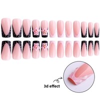 Faux ongles à presser roses, motif fleur 3D, style French Manucure, forme cercueil, en ABS, durables, finition brillante, pour mariage et fête, certifiés OEM ODM MSDS