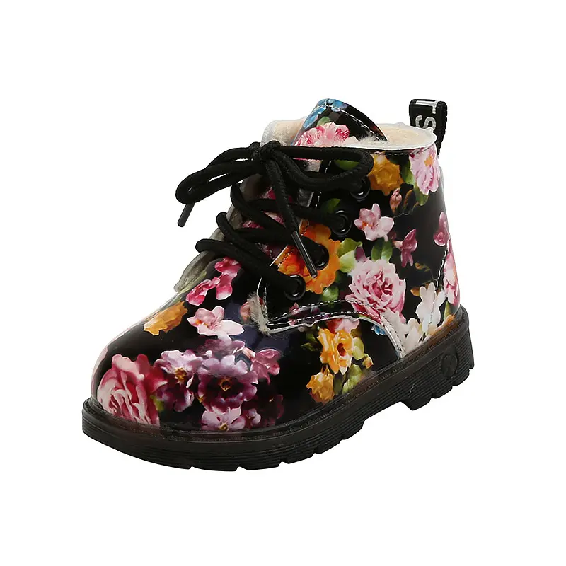 Hot Selling Autumn Girls Short Boots Waterproof PU Leather Kid Baby Boots Shoes Flower Fashion Zip Rome Little Girl Martin Boots