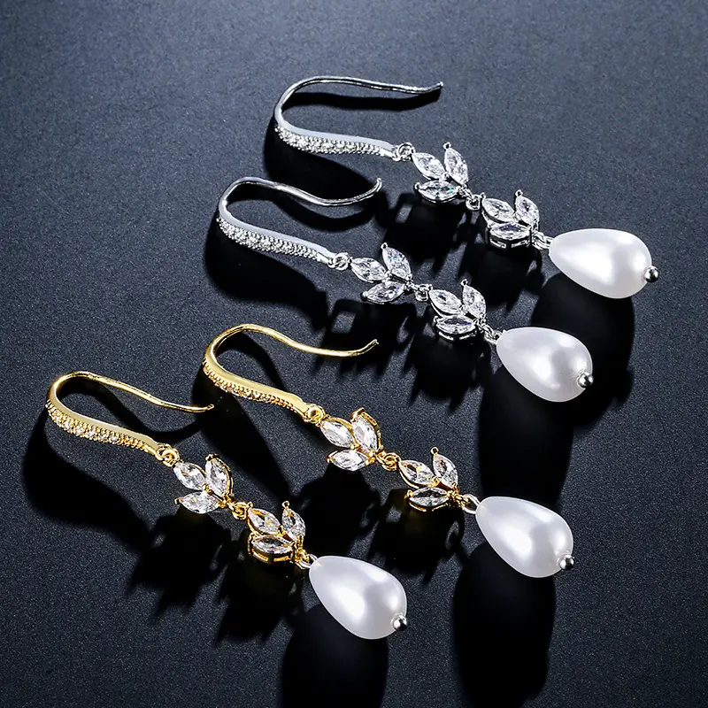 SLBRIDAL Ins Style Fashion CZ Crystal Pearls Girls Drop Earrings Trendy Cubic Zircon Women Earrings Bridal Wedding Drop Earrings
