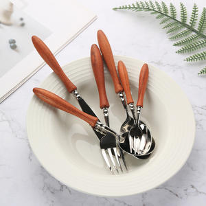 Juego de Cubiertos de Bambú de Alta Calidad de 5 Piezas para Regalo de Boda y Negocios, Cuchara y Tenedor para <span class=keywords><strong>Postre</strong></span> con Mango de Acero Inoxidable - Product Image 1