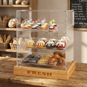 Vitrine à pâtisserie étanche en acrylique poli à 2 portes Vino Vn20220318-3, 3 plateaux givrés, 21 1/2" x 17" x 25", base en bambou - Product Image 3