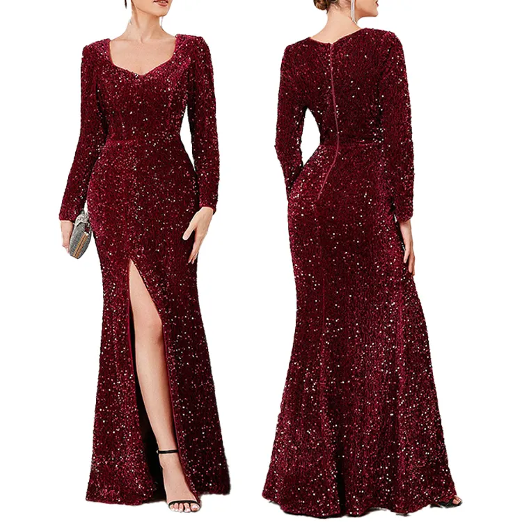 Fabric Rhinestone Women Lady Elegant Gown Sequined Evening Princess Dress Front Slit Long Sleeve Bodycon Dresses For Women