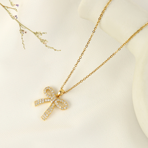 Collana in acciaio inossidabile 18ct semplice <span class=keywords><strong>e</strong></span> alla moda con collana con fiocco dolce <span class=keywords><strong>e</strong></span> adorabile in zirconia - Product Image 5