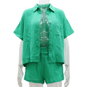 Ropa de mujer 2024 Vocation Conjuntos de dos piezas Pijama familiar de algodón Blusas y pantalones cortos verdes y azules - Product Image 6