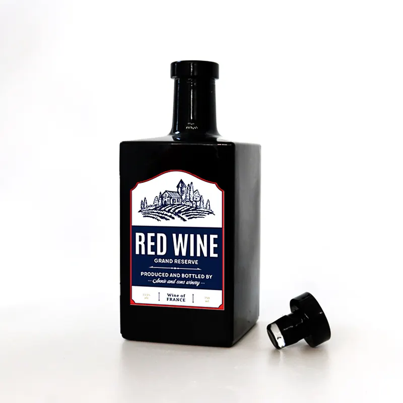 Garrafa de vidro para vinho licor personalizado 250ml 500ml Gin Whiskey Vodka Spirit com tampa quadrada preta