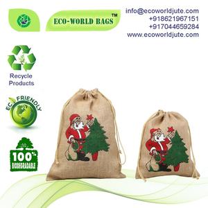Low Price Christmas Santa Printing Drawstring Jute <b>Pouch</b> Bag Without <b>Lamination</b> Jute <b>Pouch</b> Made in West Bengal in India - Product Image 4