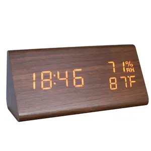 도매상 알람 스누즈 조광기 나무 LED 테이블 알람 시계 베스트 셀러 나무 usb 습도계 온도계
