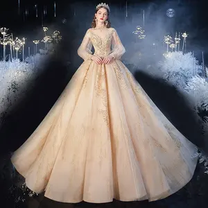 Jancember ASN008 शैम्पेन साम्राज्य लंबी सुंदर शादी की पोशाक के साथ आस्तीन