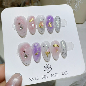 Faux ongles à presser faits main, violet <span class=keywords><strong>pastel</strong></span> rose, forme amande, avec strass argentés scintillants, très demandés, fournisseur de manucure élégante - Product Image 1